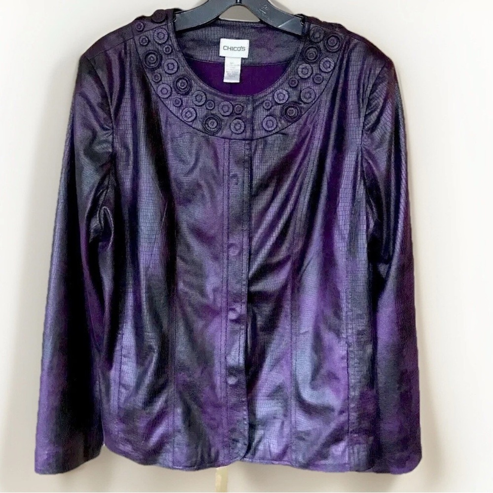 Chico's Purple & Black Embellished Reptile Snake print faux leather Jacket
